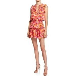 MISA Aila Watercolor Floral Tie Neck Blouson Ruffle Mini Dress, Women's Size XS